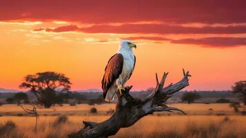 foto do africano peixe Águia em savana às pôr do sol. generativo ai