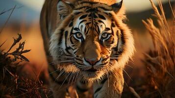 foto do tigre em savana às pôr do sol. generativo ai