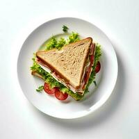 Comida fotografia do sanduíche em prato isolado em branco fundo. generativo ai foto