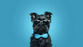 foto do arrogante Affenpinscher cachorro usando óculos e escritório terno em azul fundo