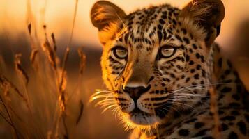 foto do leopardo em savana às pôr do sol. generativo ai