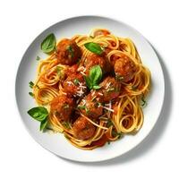 Comida fotografia do espaguete com almôndegas em prato isolado em branco fundo. generativo ai foto