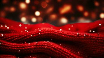 acolhedor vermelho suéter textura com cintilante feriado luzes foto