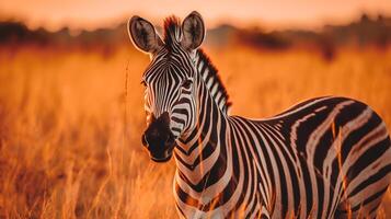 foto do zebra em savana às pôr do sol. generativo ai