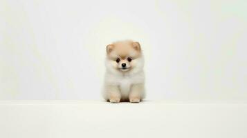 foto do uma pomerânia cachorro em branco fundo. generativo ai