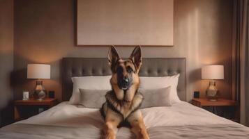 alemão pastor cachorro deitado em cama dentro hotel com contemporâneo interior Projeto. generativo ai foto