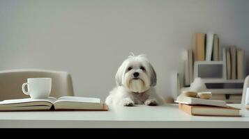 uma lhasa apso cachorro dentro uma suéter senta estudando acompanhado de uma copo e pilhas do livros. generativo ai foto