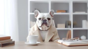 uma buldogue cachorro dentro uma amarelo roupas senta estudando acompanhado de uma copo e pilhas do livros foto