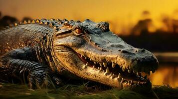 foto do crocodilo em savana às pôr do sol. generativo ai
