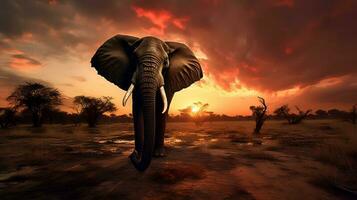 foto do africano elefante em savana às pôr do sol. generativo ai