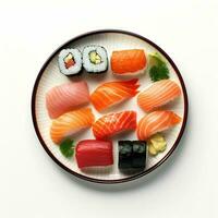 Comida fotografia do Sushi em prato isolado em branco fundo. generativo ai foto