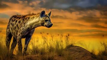 foto do hiena em savana às pôr do sol. generativo ai