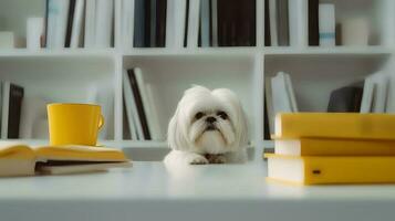 uma shih tzu cachorro senta estudando acompanhado de uma copo e pilhas do livros foto