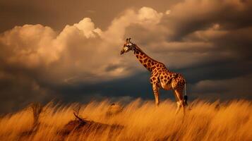 foto do girafa em savana às pôr do sol. generativo ai