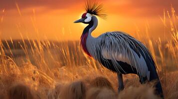 foto do cinzento coroado guindaste em savana às pôr do sol. generativo ai