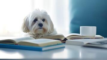 uma lhasa apso cachorro dentro uma suéter senta estudando acompanhado de uma copo e pilhas do livros foto