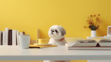 uma shih tzu cachorro senta estudando acompanhado de uma copo e pilhas do livros foto