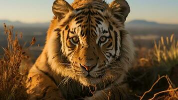 foto do tigre em savana às pôr do sol. generativo ai