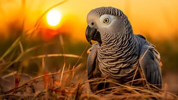 foto do africano cinzento papagaio em savana às pôr do sol. generativo ai