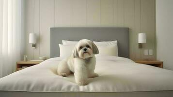 shih tzu cachorro deitado em cama dentro hotel com contemporâneo interior Projeto. generativo ai foto