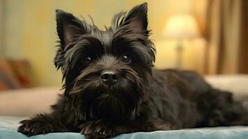 retrato do Affenpinscher deitado em cama foto