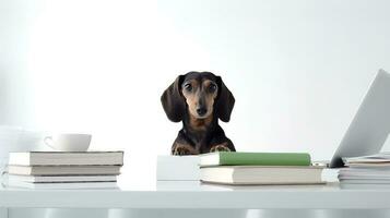 uma dachshund cachorro senta estudando acompanhado de uma copo e pilhas do livros. generativo ai foto