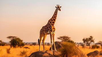 foto do girafa em savana às pôr do sol. generativo ai