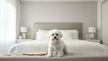 maltês cachorro deitado em cama dentro hotel com contemporâneo interior Projeto. generativo ai foto