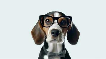 foto do arrogante beagle usando óculos e escritório terno em branco fundo. generativo ai