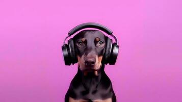 foto do doberman usando fone de ouvido em roxa fundo. generativo ai