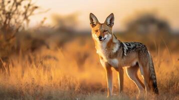 foto do Preto Apoiado chacal em savana às pôr do sol. generativo ai