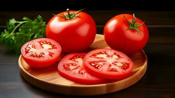 foto do tomates e fatia do tomates em de madeira prato isolado em Preto fundo