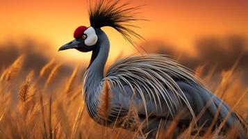 foto do cinzento coroado guindaste em savana às pôr do sol. generativo ai