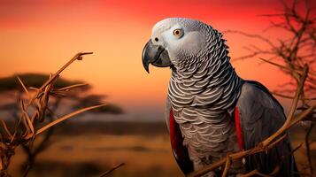 foto do africano cinzento papagaio em savana às pôr do sol. generativo ai