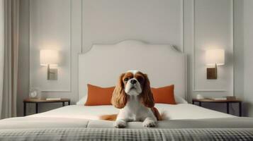 descuidado cachorro deitado em cama dentro hotel com contemporâneo interior Projeto. generativo ai foto
