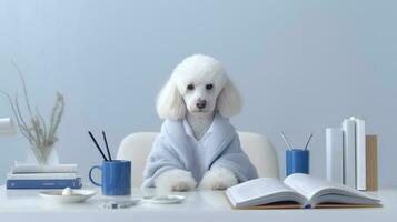 uma poodle cachorro dentro uma suéter senta estudando acompanhado de uma copo e pilhas do livros foto