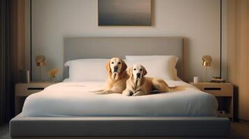 dourado retriever cachorro deitado em cama dentro hotel com contemporâneo interior Projeto. generativo ai foto