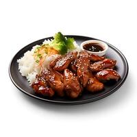 Comida fotografia do teriyaki frango em prato isolado em branco fundo. generativo ai foto