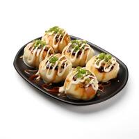 Comida fotografia do takoyaki em prato isolado em branco fundo. generativo ai foto