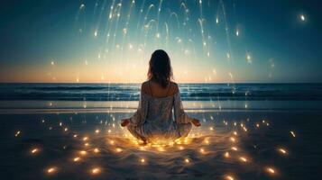 mulheres meditar, ioga. psíquico mulheres considera mente e coração. espiritualidade, esoterismo, com bokeh desfocado luzes. universo, generativo ai ilustração foto