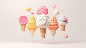 3d ilustração do multicolorido fofa gelo creme dentro bolacha estilo cone. doce comida, Bolinho, generativo ai ilustração foto