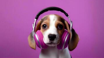 foto do beagle usando fone de ouvido em roxa fundo