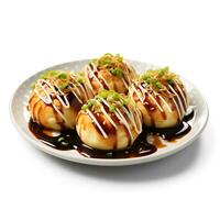 Comida fotografia do takoyaki em prato isolado em branco fundo. generativo ai foto