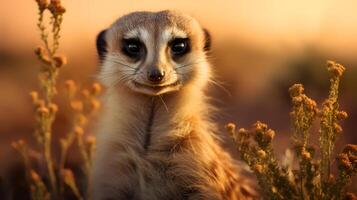 foto do meerkat em savana às pôr do sol. generativo ai