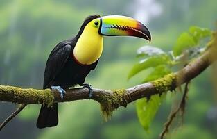 castanha mandíbula tucano sentado em a ramo dentro tropical chuva com uma verde selva. generativo ai foto