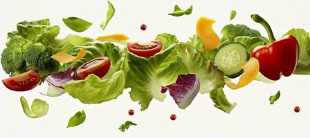 queda vegetais, salada do Sino pimenta, tomate, e alface folhas. generativo ai foto