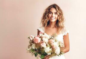 retrato do uma lindo jovem noiva com uma ramalhete do flores foto