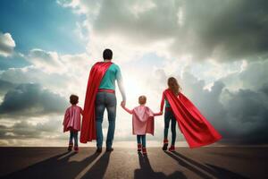 Papai com filhos e filha dentro Super heroi traje foto