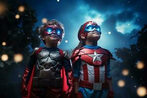 Papai com filhos e filha dentro Super heroi traje foto