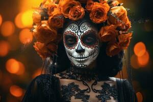 uma mexicano mulher com açúcar crânio Maquiagem e flores foto